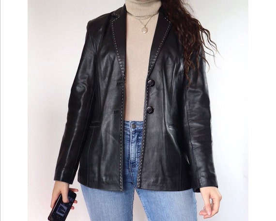 Vintage black blazer style leather jacket