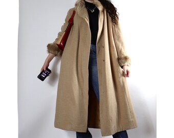 Vintage long beige button up faux fur trimmed jacket