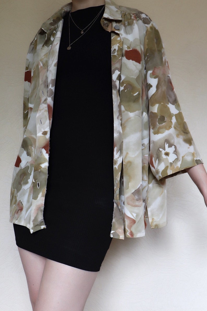 Vintage mid sleeve oversized shirt with floral brown water colour flowers