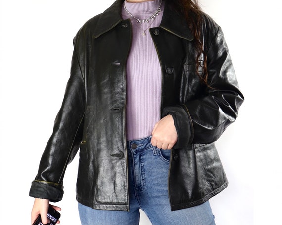 Vintage black button up collared leather jacket