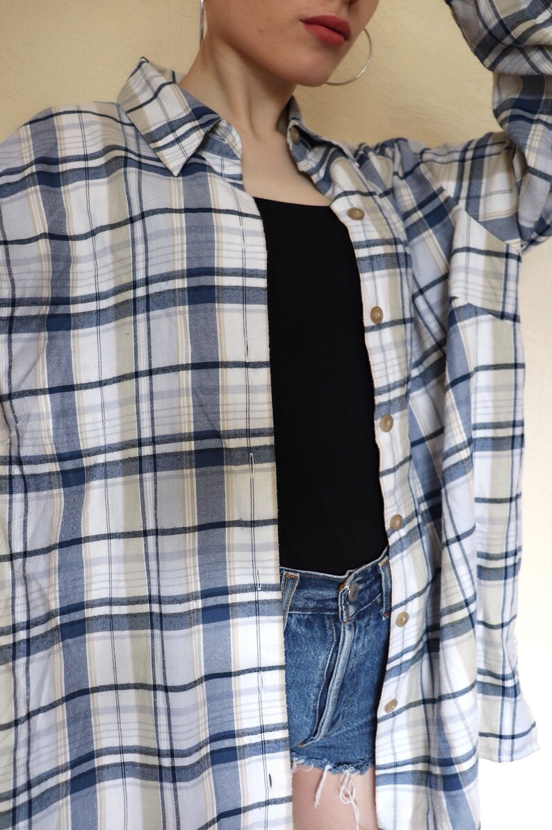 Vintage oversized blue white plaid checkered festival shirt blouse