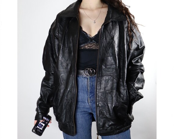 Vintage patchwork zip up black long leather jacket
