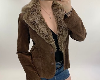 A size UK 10/12, 00's brown suede leather jacket