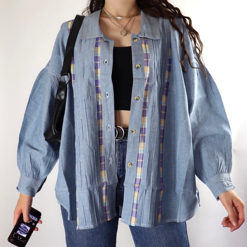 Vintage dead stock denim button up shirt jacket Purple