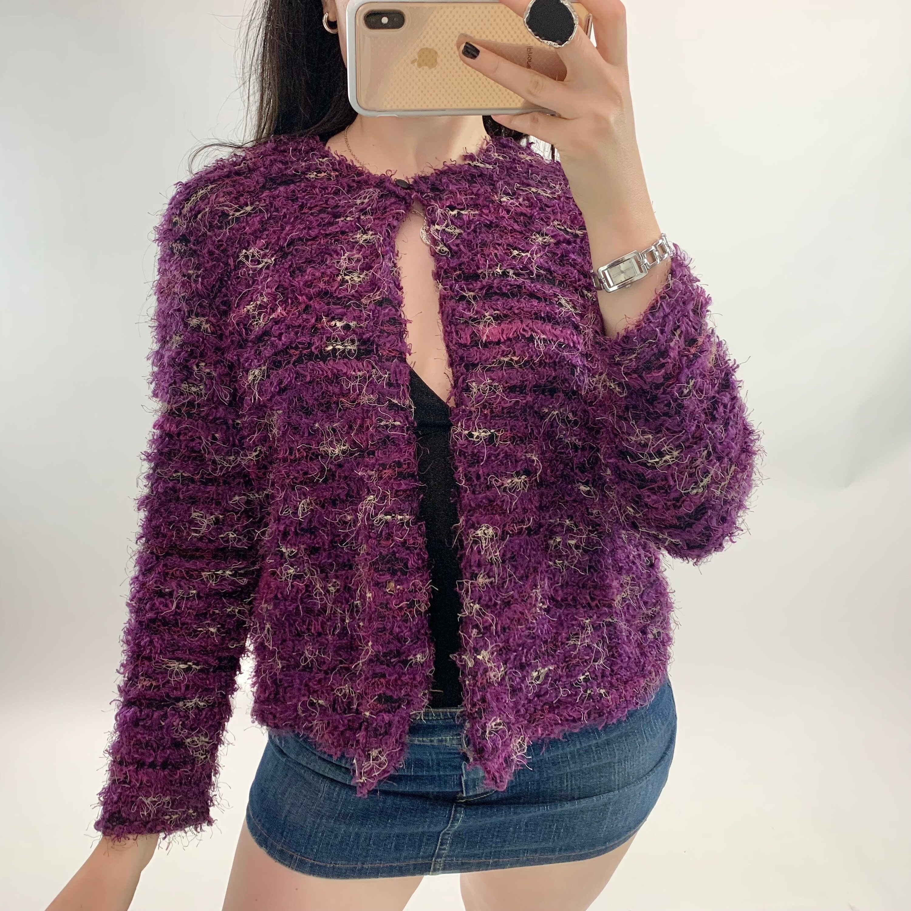 Fuzzy button deals up sweater