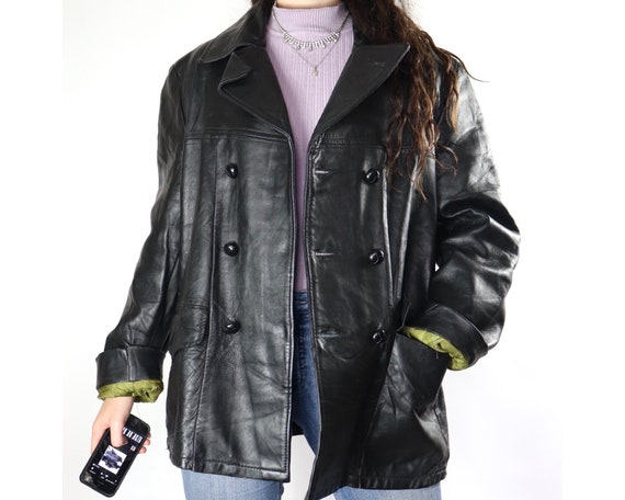 Vintage black double breasted button up leather ja