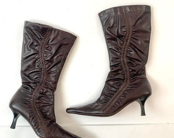 Size UK 4, 00's brown ruched pointy toe boots