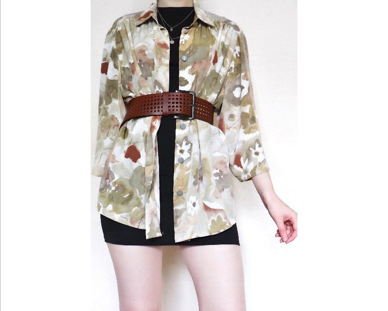 Vintage mid sleeve oversized shirt with floral brown water colour flowers