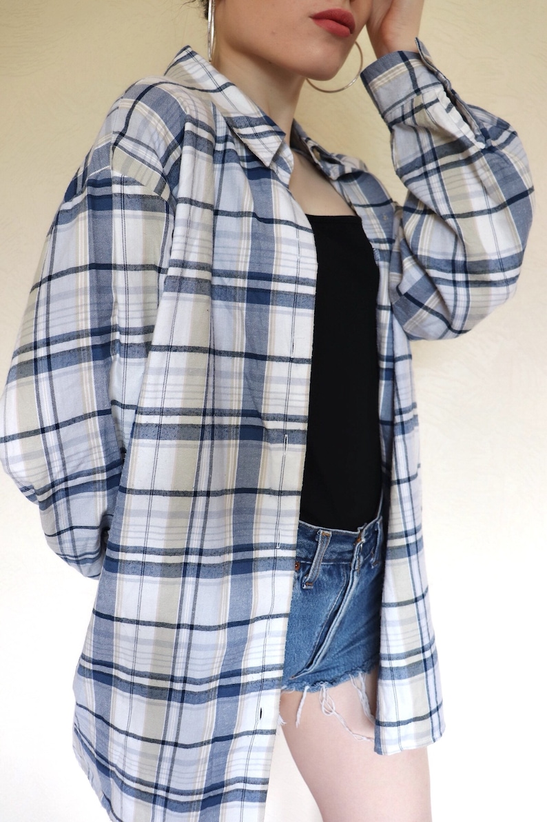 Vintage oversized blue white plaid checkered festival shirt blouse