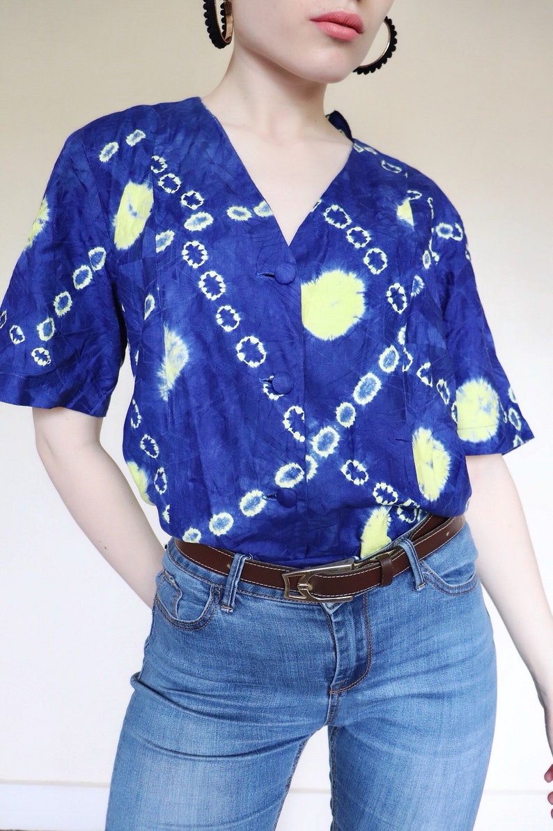 Vintage blue spotty tie dye oversized shirt blouse