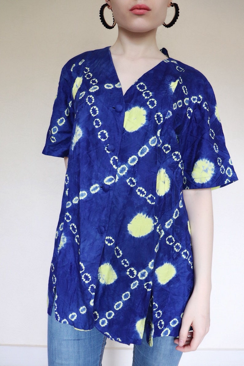 Vintage blue spotty tie dye oversized shirt blouse