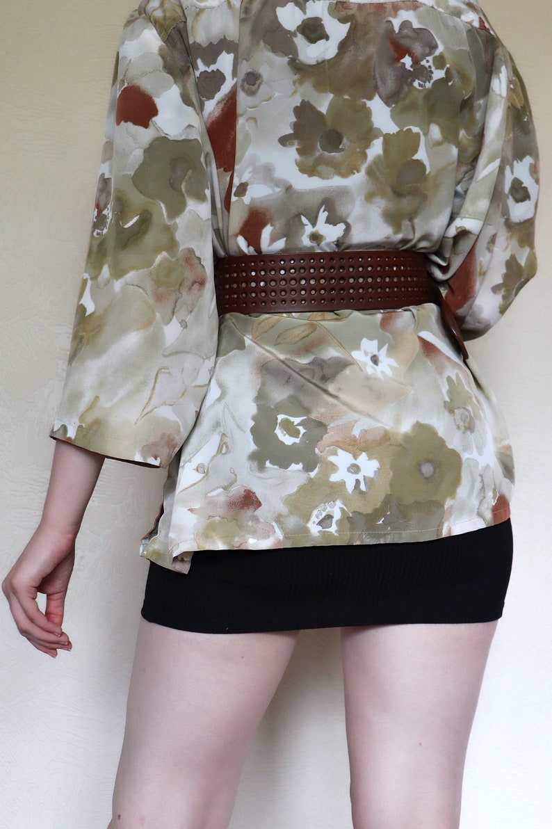 Vintage mid sleeve oversized shirt with floral brown water colour flowers