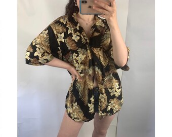 00s black floral Hawaiian button up shirt