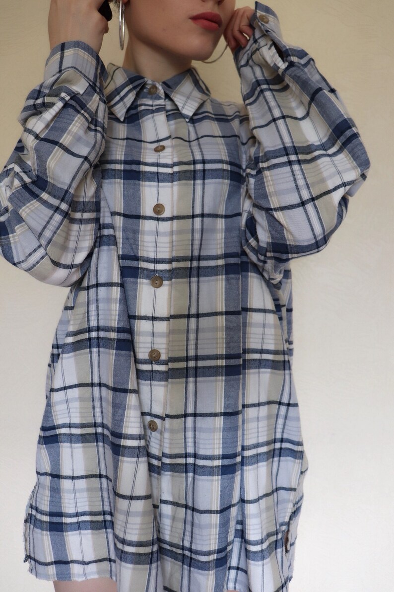 Vintage oversized blue white plaid checkered festival shirt blouse