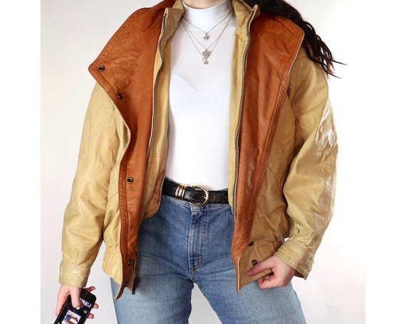 Vintage yellow and brown bomber leather jacket