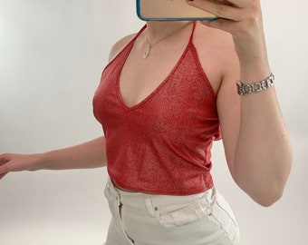 A size UK 12, 00's red metallic halter neck top