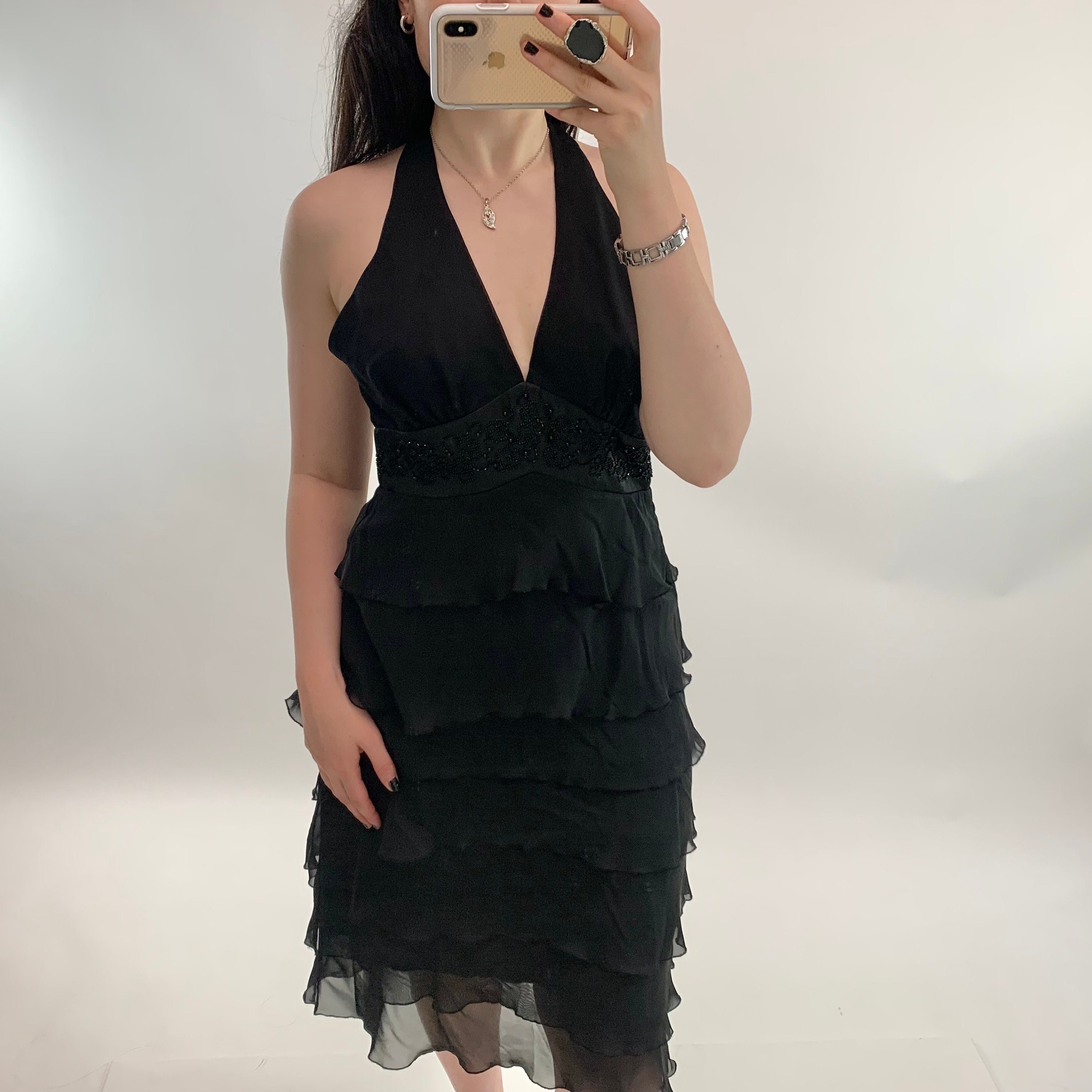 Rare London black halter-neck lace plunge dress
