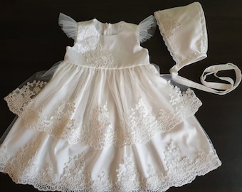 Exclusive design ivory Lace dress Baptism vintage dress First Birthday wear dress Girls Tulle dress, Personalized wear Infant clothes