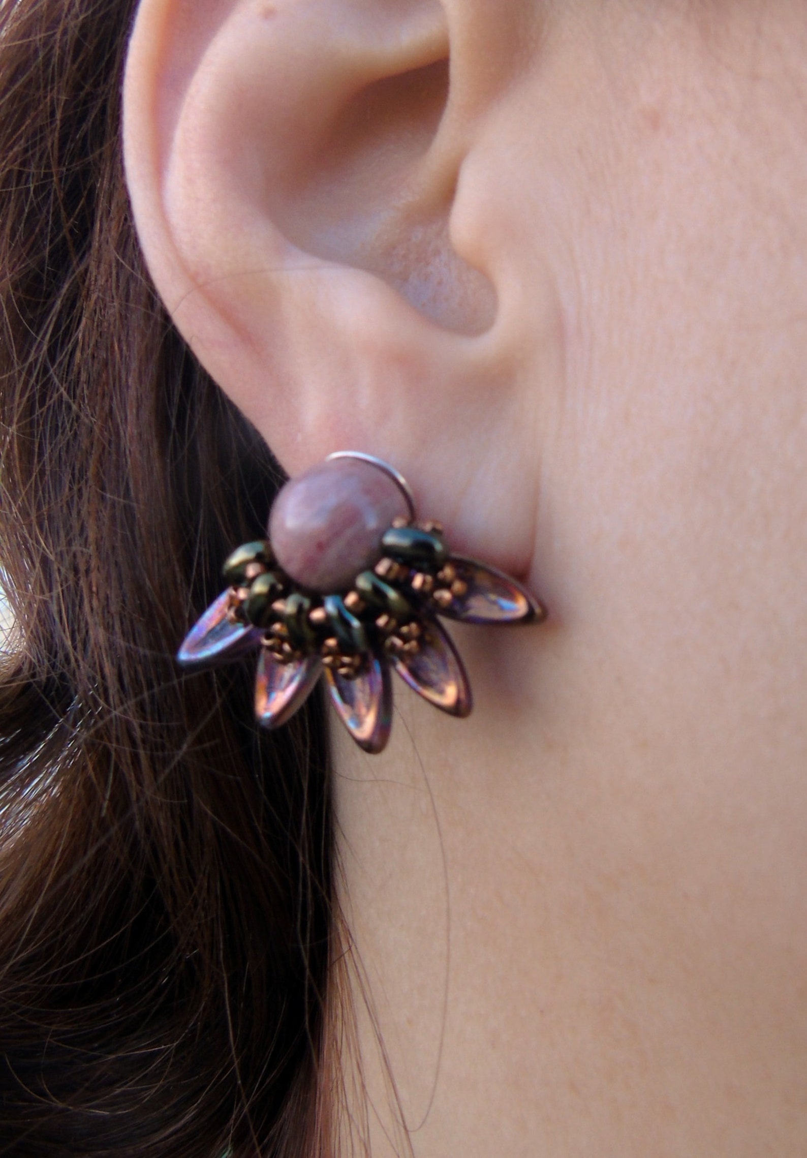 Earrings Lotus Flower Statement Earrings Rodonite Earrings Etsy