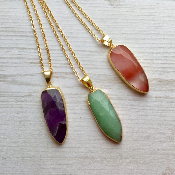 Faceted Crystal Pendant Necklace Boho Gemstone M14 - Faceted Crystal Pendant