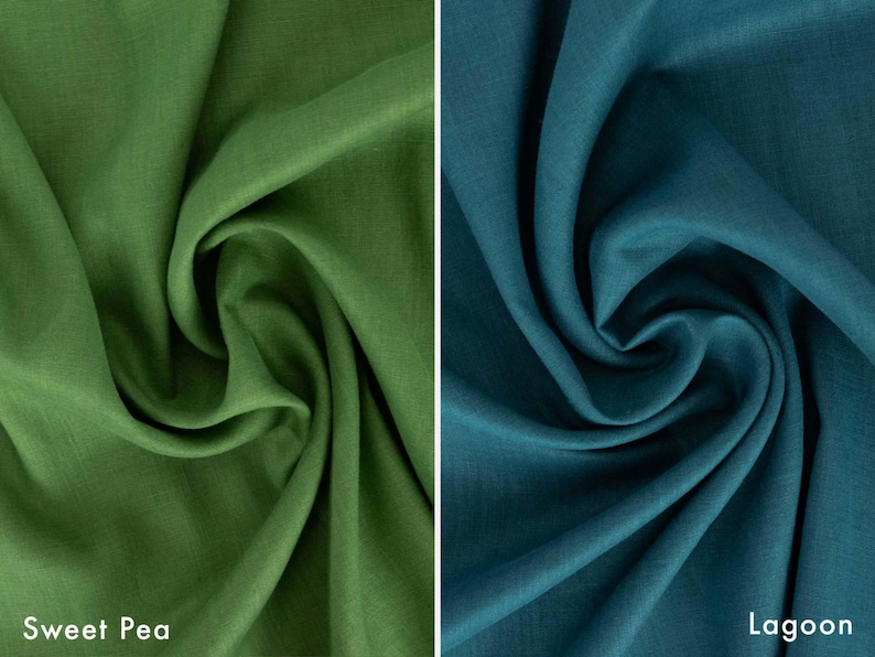 May include: Two swatches of fabric, one in a vibrant green labeled "Sweet Pea" and the other in a deep teal labeled "Lagoon." The fabric is draped, showcasing its texture and color variations. Ideal for textiles and crafting.