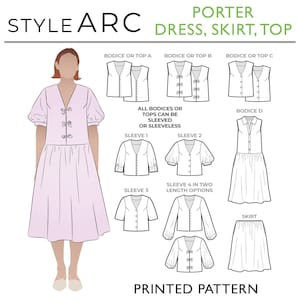 Könnte beinhalten: Ein Schnittmuster für ein Kleid, einen Rock und ein Oberteil namens "Porter". Das Schnittmuster enthält mehrere Optionen für das Oberteil und die Ärmel, darunter ärmellose und kurzärmelige Stile. Das Schnittmuster ist auf weißem Papier gedruckt.