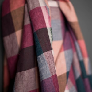 Laundered 100%  Linen Fabric in Louisiana Check | Lightweight, yarn dyed, large scale multicolor check in pink, raspberry & blue
