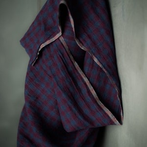 Laundered Linen Fabric in Winter Hymn Check 100% Linen from the EU, gingham fabric in magenta and blue image 2