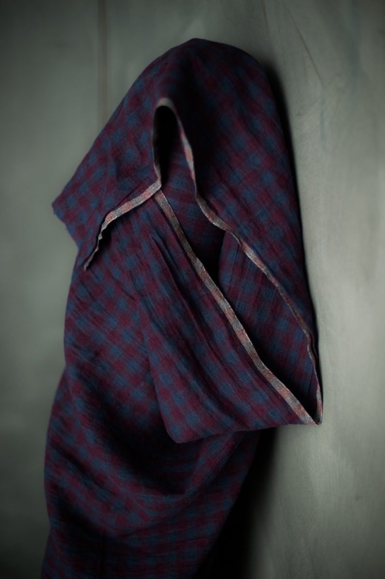 Laundered Linen Fabric in Winter Hymn Check 100% Linen from the EU, gingham fabric in magenta and blue image 2