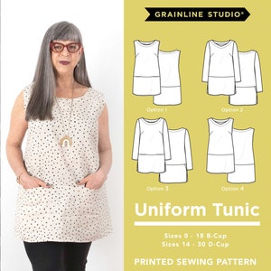 Op de afbeelding: Een naaipatroon voor een tuniek met vier verschillende stijlopties. Het patroon is verkrijgbaar in de maten 0-18 voor B-cup maten en 14-30 voor D-cup maten. Het patroon heet "Uniform Tunic" en is een gedrukt naaipatroon.