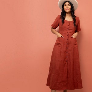 Hughes Dress Sewing Pattern | Sz XS - 7X | Friday Pattern Company | Maxi button down dress, 3/4 sleeve, lacing at back | Plus size included