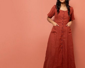 Hughes Dress Sewing Pattern | Sz XS - 7X | Friday Pattern Company | Maxi button down dress, 3/4 sleeve, lacing at back | Plus size included