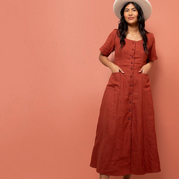 Hughes Dress Sewing Pattern | Sz XS - 7X | Friday Pattern Company | Maxi  button down dress, 3/4 sleeve, lacing at back | Plus size included