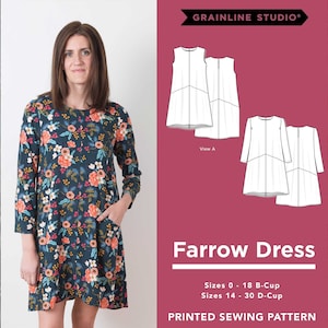 Farrow Dress Sewing Pattern by Grainline Studios, Sizes 0-18 & Plus 14-30, Simple midi shift dress with pockets, sleeveless or long sleeves
