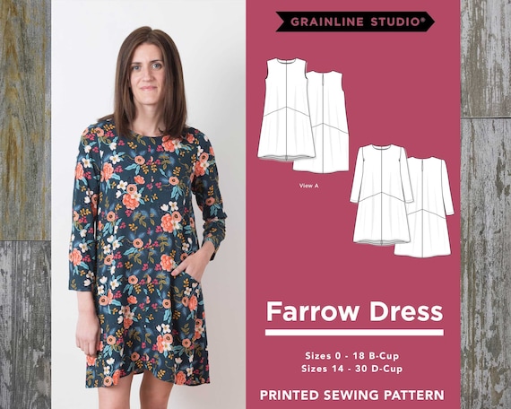 Farrow Dress Sewing Pattern by Grainline Studios, Sizes 0-18 & Plus 14-30,  Simple Midi Shift Dress With Pockets, Sleeveless or Long Sleeves - Etsy