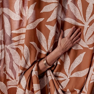 Koala Pecan Pie Rayon Challis Fabric with Ochre Pointillist Foliage Design by Atelier Brunette