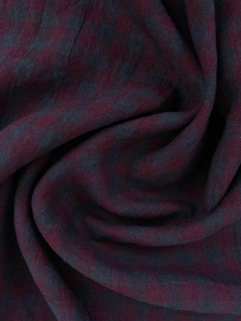 Laundered Linen Fabric in Winter Hymn Check 100% Linen from the EU, gingham fabric in magenta and blue image 4