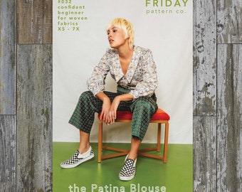 Patina Blouse Sewing Pattern by Friday Pattern Company | Sizes XS-7X | V-neck Collar button up blouse