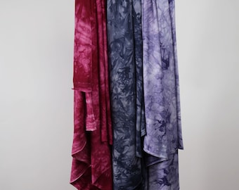 Flowy Bamboo Tie Dye Jersey Fabric in 3 colors | Midweight, opaque knit fabric with fluid drape, subtle sheen, and 4 way stretch