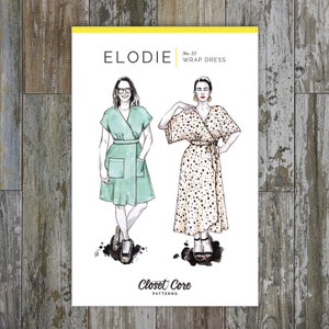 Elodie Dress Sewing Pattern | Sz 0-20 | Closet Core | Belted midi or maxi wrap dress with pockets, dolman sleeves, kimono style