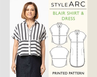 Blair Shirt & Dress Sewing Pattern by Style Arc, US Sizes 0-26, Button up shirt or dress with dolman sleeves, pockets and curved hem