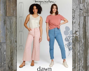 Dawn Jeans Sewing Pattern | Size 0-20 | Megan Nielsen Patterns | Button fly, high waisted, non-stretch, 5-pocket, tapered & wide leg, shorts