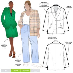 May include: Fashion illustration showing a green blazer and skirt, and a plaid blazer with light blue jeans. Technical drawings detail the blazer: single-breasted, welt pockets, and two-piece sleeve. Difficulty levels are indicated.