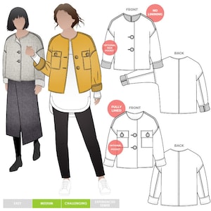 Adelaide Woven Jacket Sewing Pattern by Style Arc, US Sizes 0-18, Boxy style chore coat with drop sleeves and buttoned patch pockets