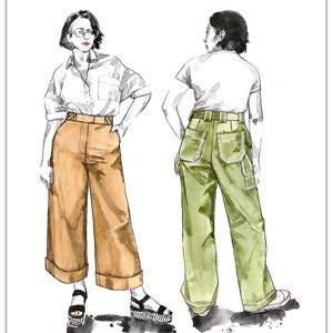 May include: A sewing pattern illustration titled RIKA No. 39 PANTS by Closet Core Patterns. The drawing shows two views of wide-leg pants: one in tan with cuffed hems and one in olive green with large back pockets and utility-style detailing.