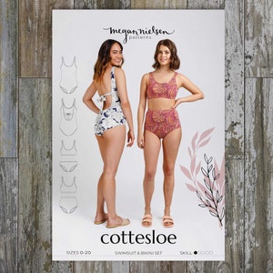 May include: A pattern for a swimsuit and bikini set called "Cottesloe" by Megan Nielsen Patterns. The pattern includes sizes 0-20 and is rated as a beginner skill level.