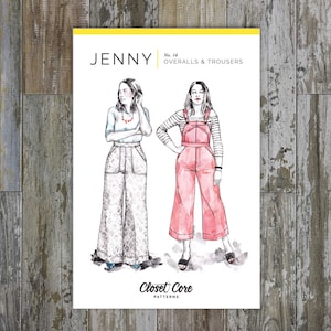 Op de afbeelding: Een naaipatroon voor overalls en broeken genaamd "Jenny" van Closet Core Patterns. Het patroon toont twee illustraties van vrouwen die de verschillende stijlen dragen.