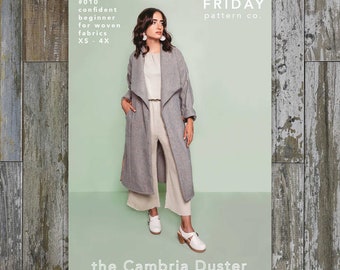 Cambria Duster Sewing Pattern by Friday Pattern Company | Sizes XS-4X | Long unlined duster with shawl collar, optional belt, and pockets