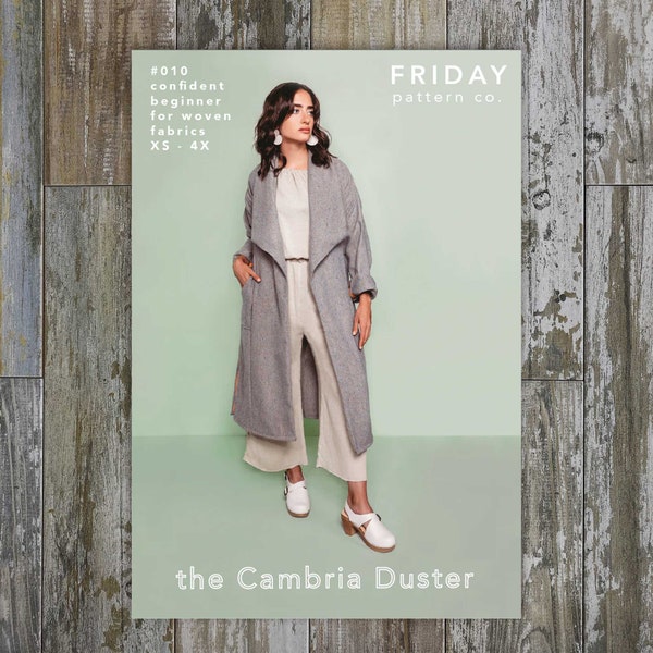 Cambria Duster Sewing Pattern by Friday Pattern Company | Sizes XS-4X | Long unlined duster with shawl collar, optional belt, and pockets