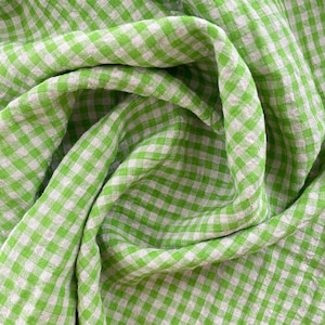 Linen Gingham Fabric in Bright Lime   | Stonewashed, European, non-GMO linen